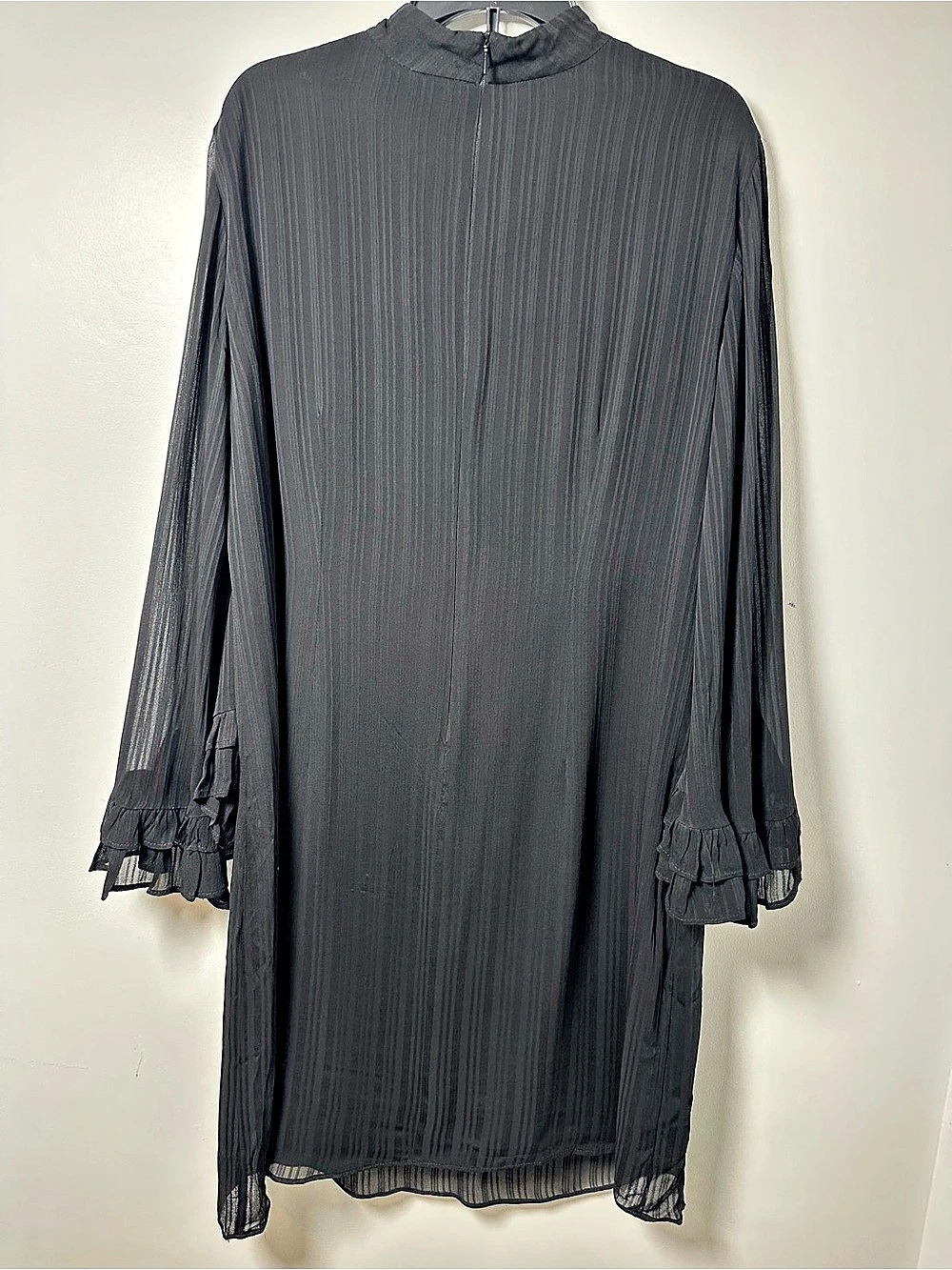 MANGO Womens XXL Black Sheer Striped Shift Dress Ruffle Bell Sleeve Party - Picture 2 of 9